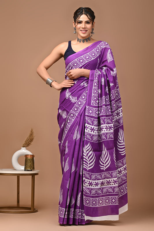 Regal Purple: Fern Pattern Mulcotton Saree