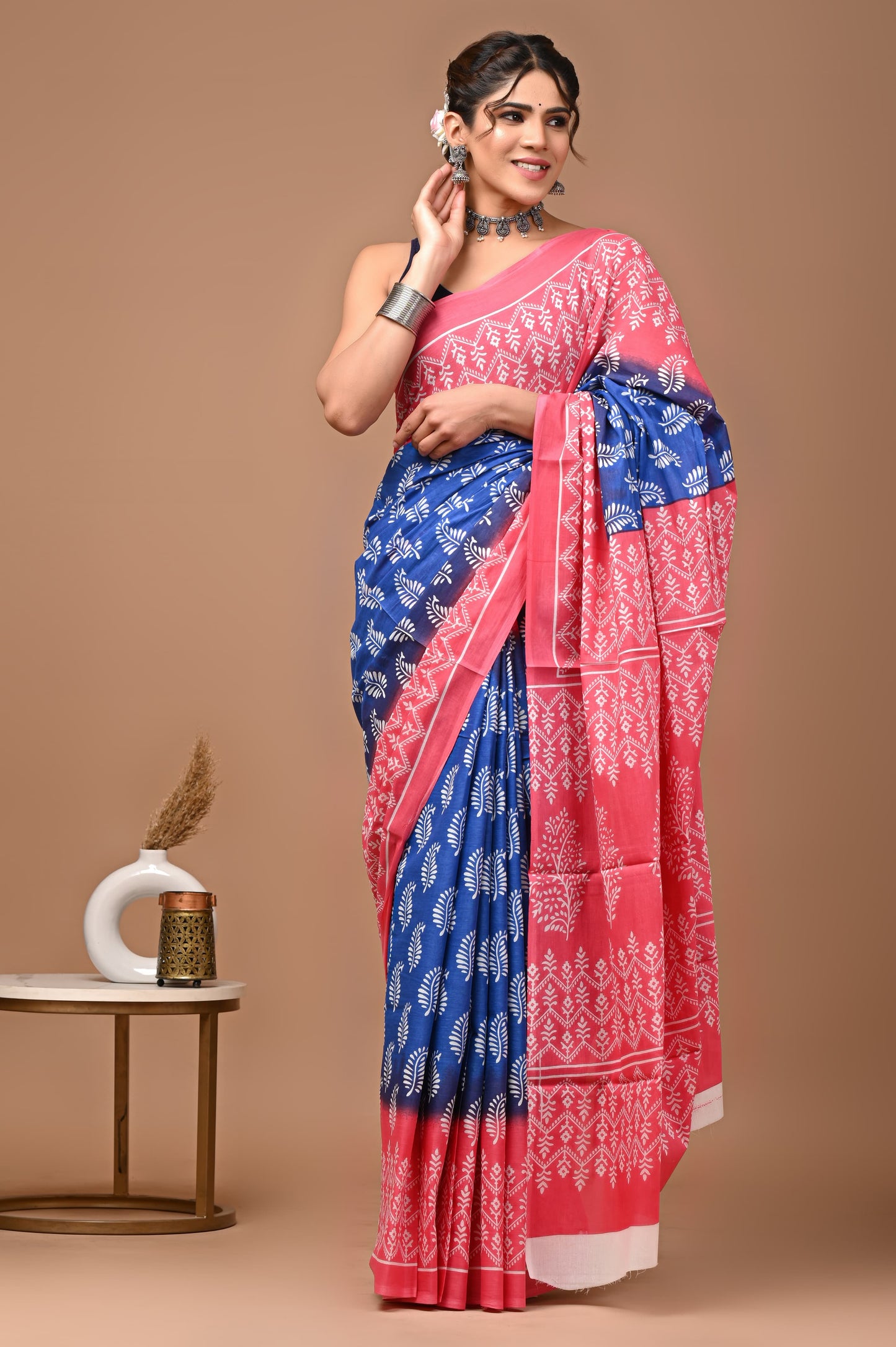 Vibrant Blue and Pink: Mulcotton Saree