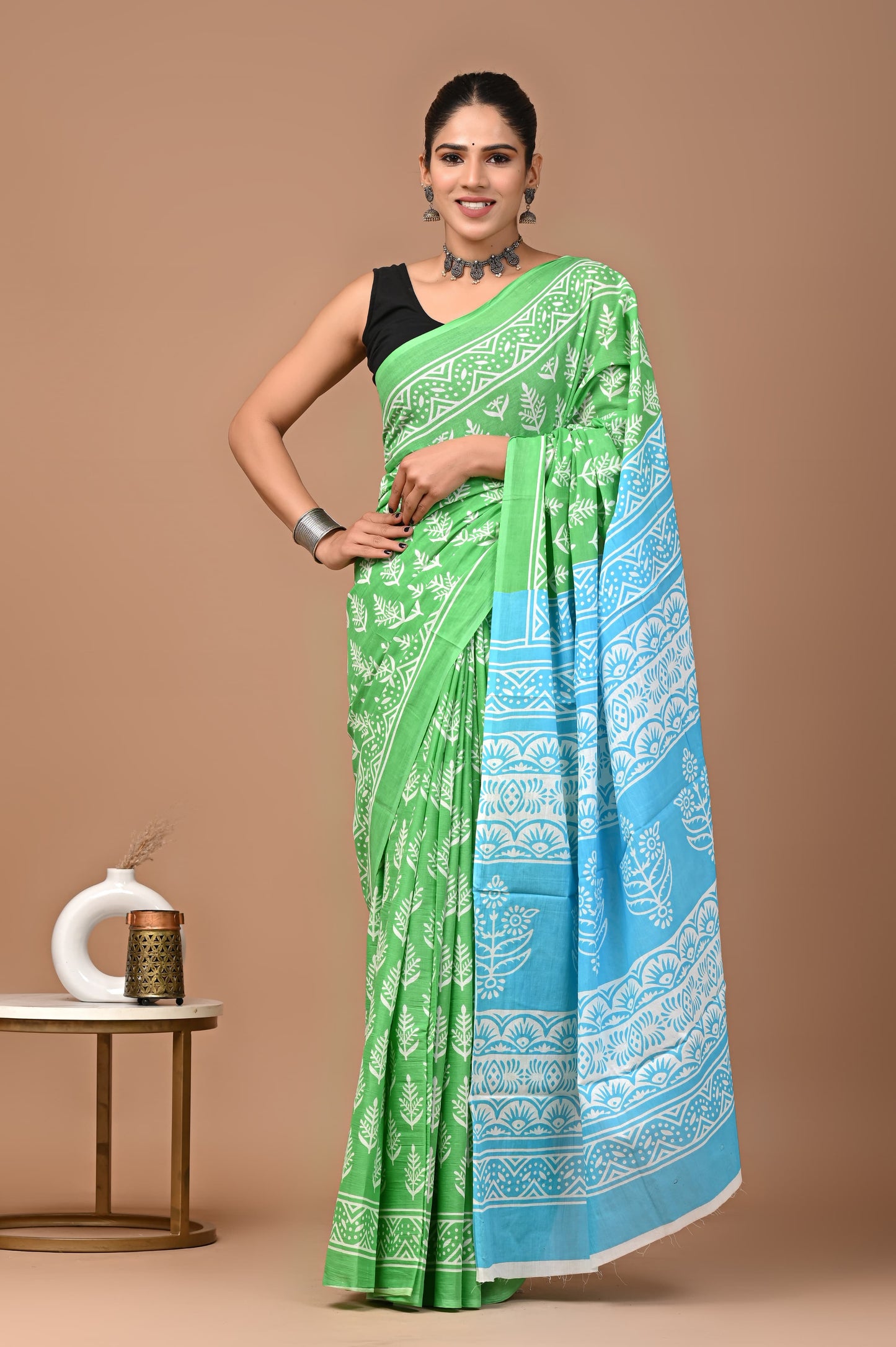 Fresh Green and Blue: Mulcotton Saree