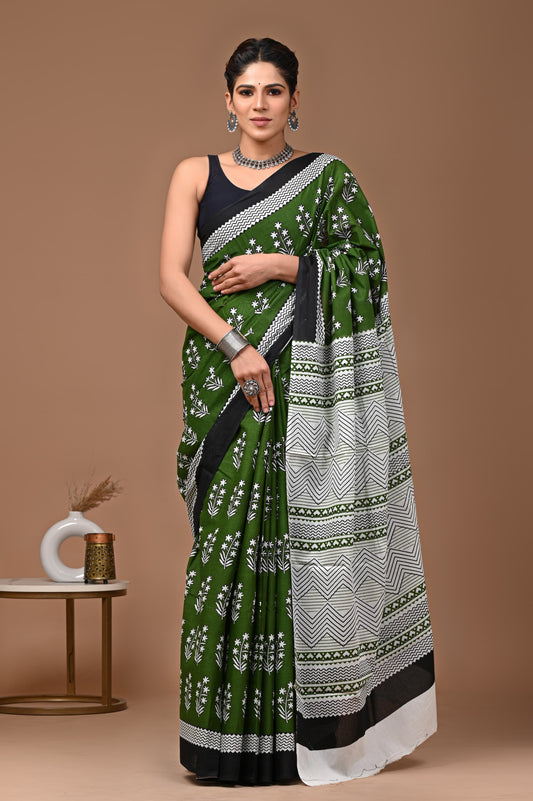 Elegant Green and Black: Mulcotton Saree