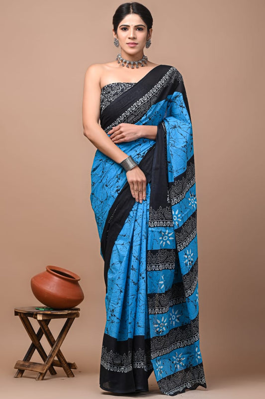 Oceanic Blue and Black: Mulcotton Saree