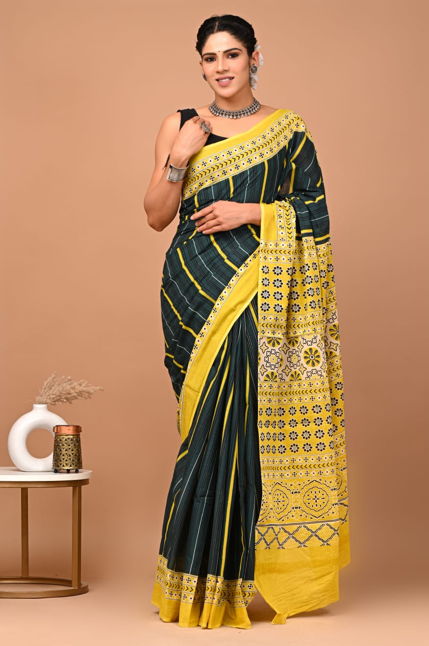 Sunshine Glow: Yellow Mulcotton Saree