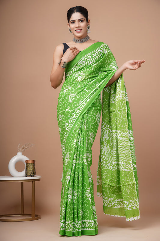 Fresh Leaf: Green Mulcotton Saree