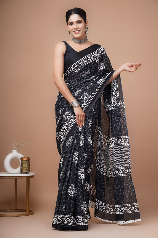 Midnight Elegance: Black Mulcotton Saree