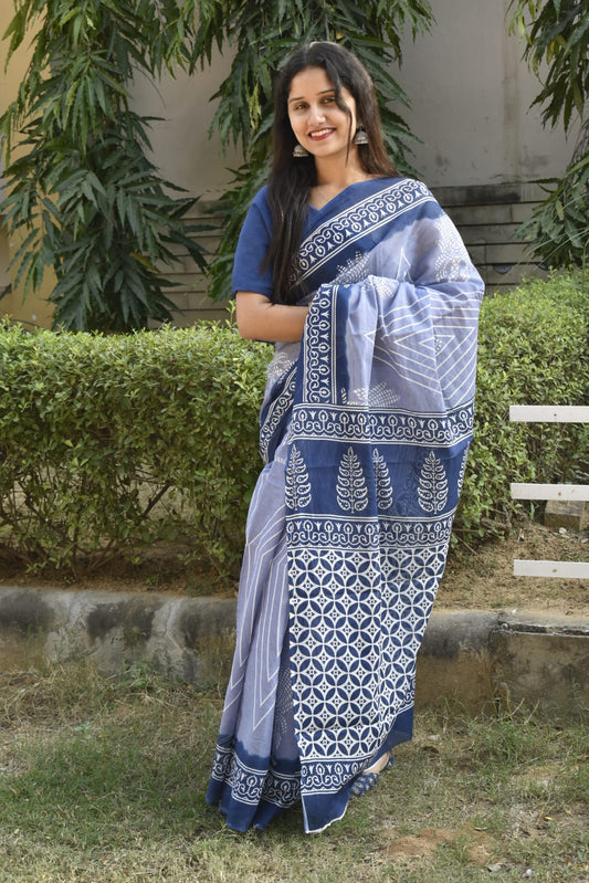 Classic Grace: Blue Mulcotton Saree