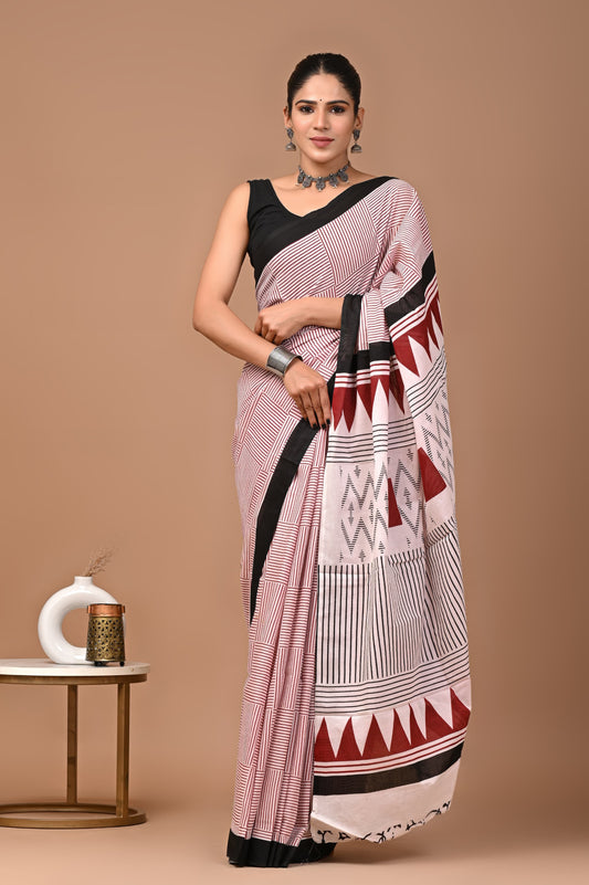 Tribal Vibe: White and Black Mulcotton Saree