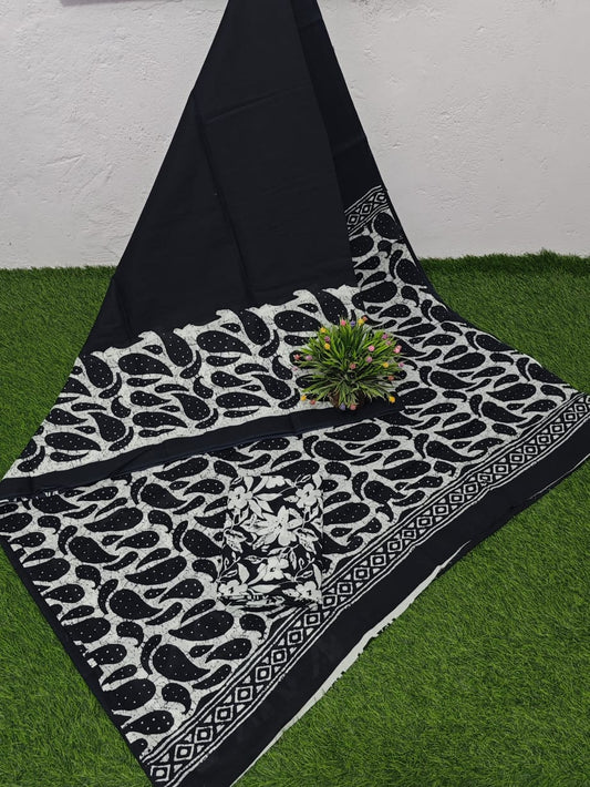 Classic Black: Black Mulcotton Saree with White Pattern