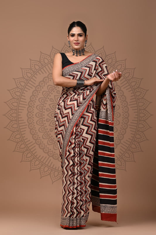 Earthy Zigzag & Striped Mul Cotton Saree